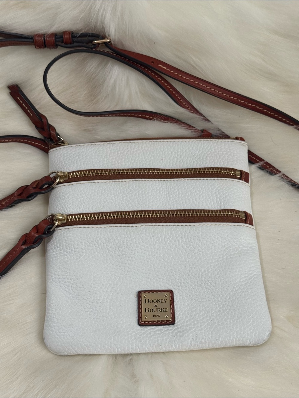 Dooney & Bourke White Pebbled Grain Leather Crossbody Bag with Brown Trim